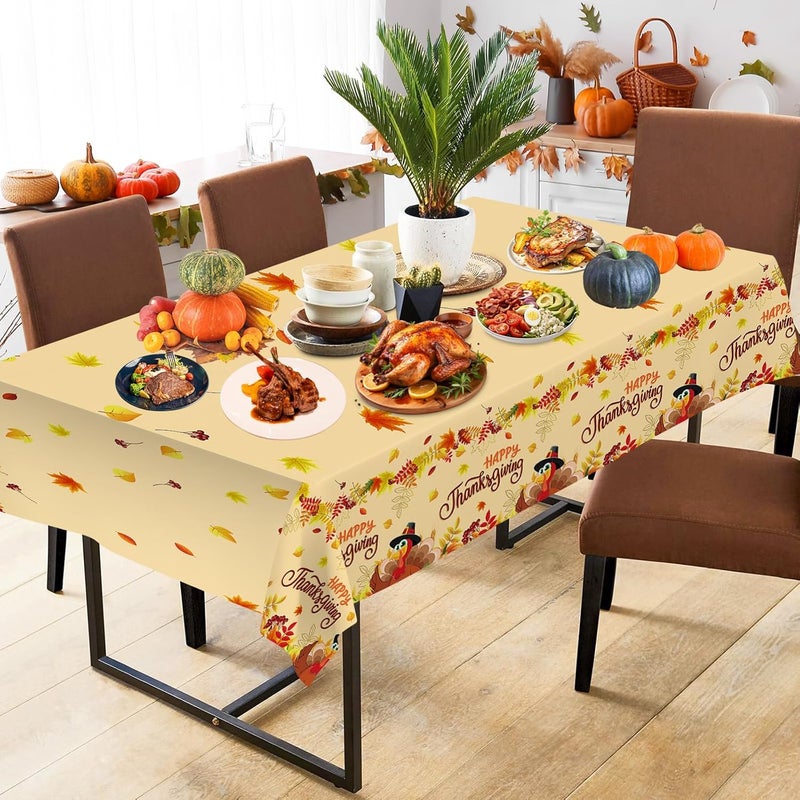Litmitfu 2 Pack Happy Thanksgiving Tablecloth - Fall Thanksgiving Turkey Table cloths, Disposable Plastic Rectangle Autumn Pumpkin Maple Leaf Table Cover for Thanks Giving Tables Decor Party Supplies,108x54In - Image 2