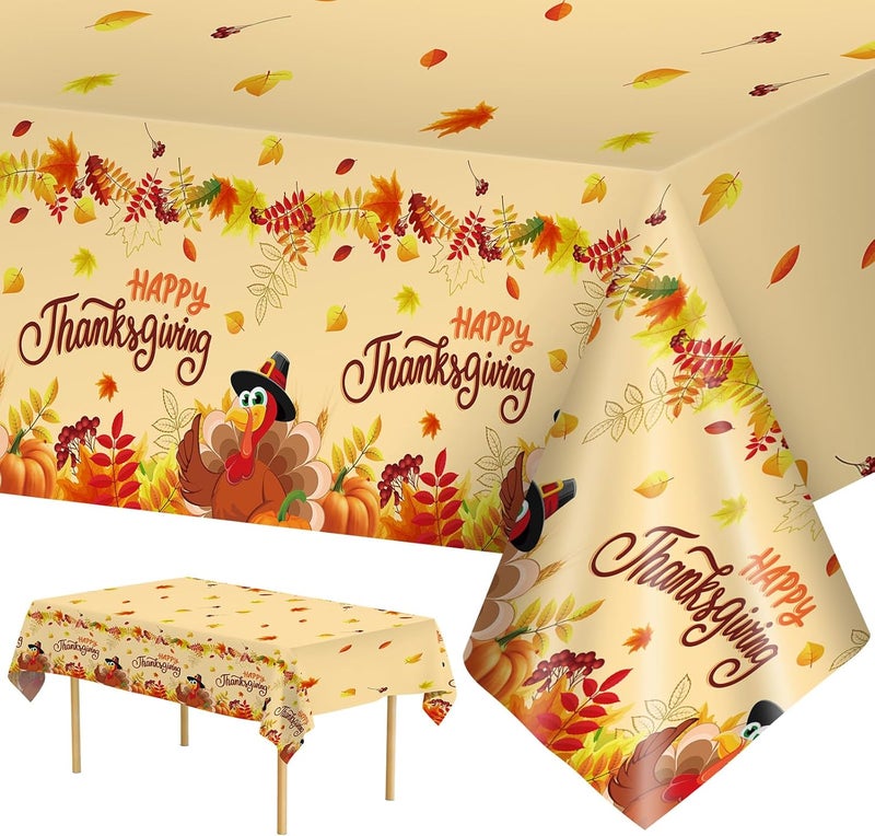 Litmitfu 2 Pack Happy Thanksgiving Tablecloth - Fall Thanksgiving Turkey Table cloths, Disposable Plastic Rectangle Autumn Pumpkin Maple Leaf Table Cover for Thanks Giving Tables Decor Party Supplies,108x54In - Image 1