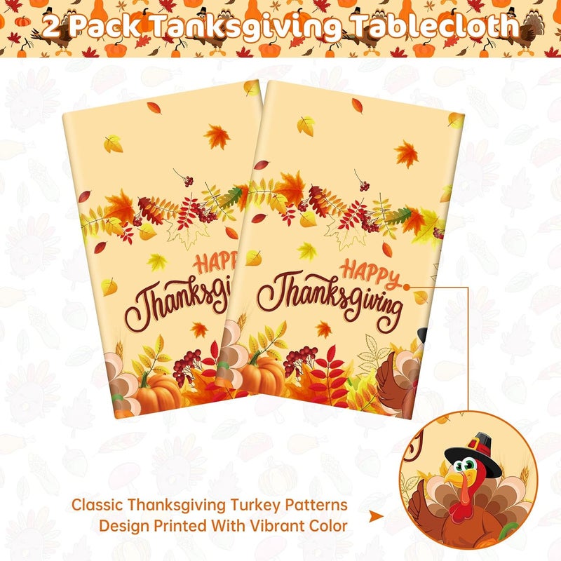 Litmitfu 2 Pack Happy Thanksgiving Tablecloth - Fall Thanksgiving Turkey Table cloths, Disposable Plastic Rectangle Autumn Pumpkin Maple Leaf Table Cover for Thanks Giving Tables Decor Party Supplies,108x54In - Image 4