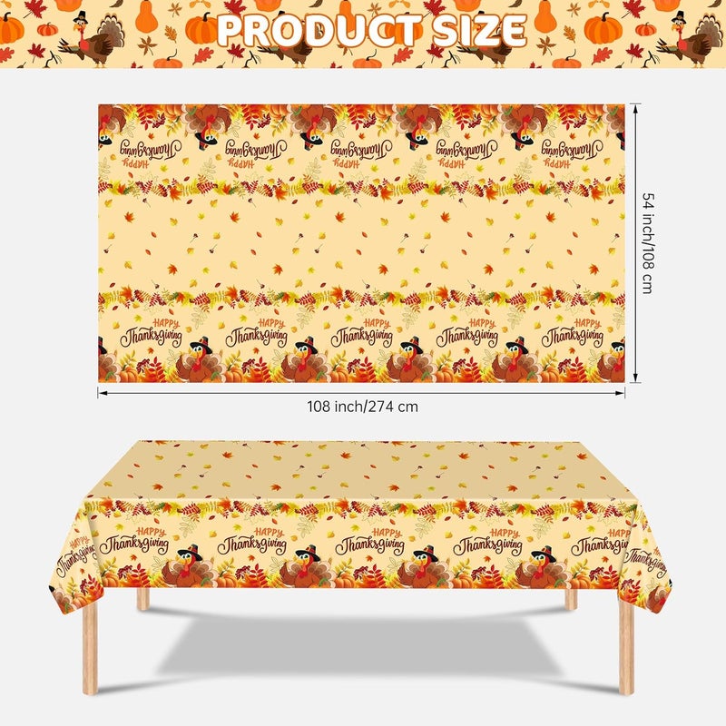 Litmitfu 2 Pack Happy Thanksgiving Tablecloth - Fall Thanksgiving Turkey Table cloths, Disposable Plastic Rectangle Autumn Pumpkin Maple Leaf Table Cover for Thanks Giving Tables Decor Party Supplies,108x54In - Image 3