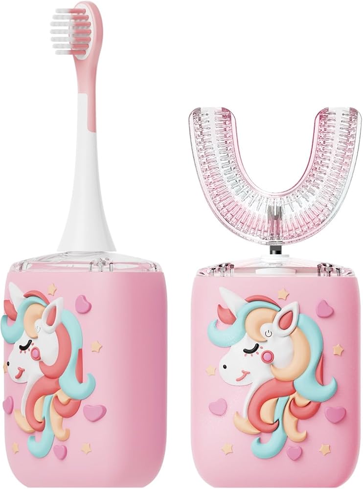 Moxedo Kids 2 in 1 U- Shaped Electric Toothbrush, 2 Brush Heads/ 2 U-Shape Brush Head, 360 Dental Oral Cleaning, 5 Ultrasonic Smart Modes, IP64 Waterproof Auto Toothbrush for Toddler- Pink - Image 1