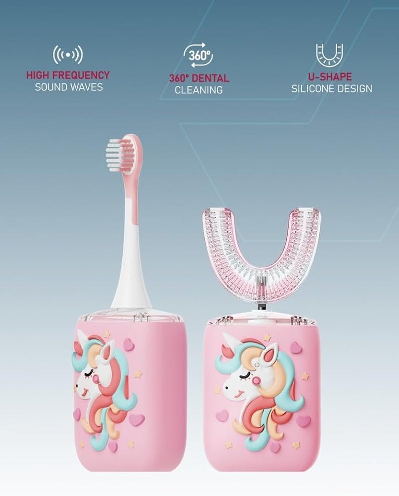 Moxedo Kids 2 in 1 U- Shaped Electric Toothbrush, 2 Brush Heads/ 2 U-Shape Brush Head, 360 Dental Oral Cleaning, 5 Ultrasonic Smart Modes, IP64 Waterproof Auto Toothbrush for Toddler- Pink - Image 3