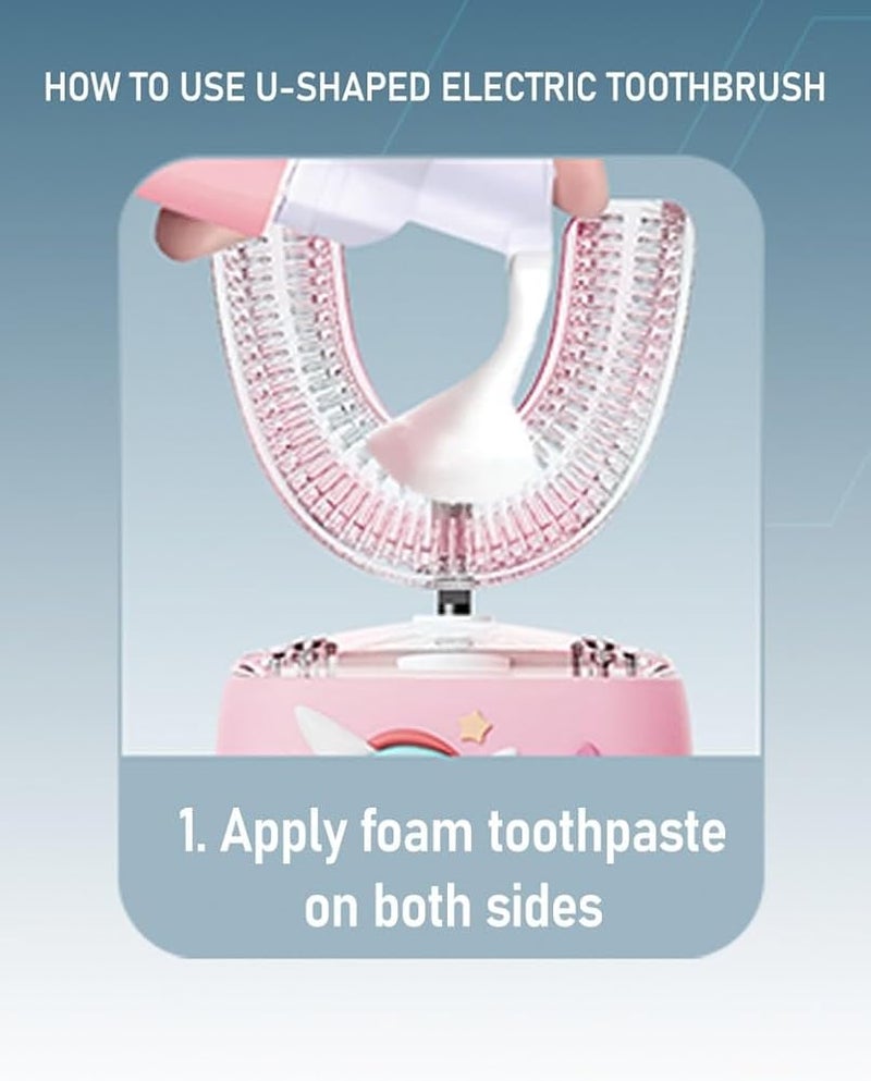 Moxedo Kids 2 in 1 U- Shaped Electric Toothbrush, 2 Brush Heads/ 2 U-Shape Brush Head, 360 Dental Oral Cleaning, 5 Ultrasonic Smart Modes, IP64 Waterproof Auto Toothbrush for Toddler- Pink - Image 4