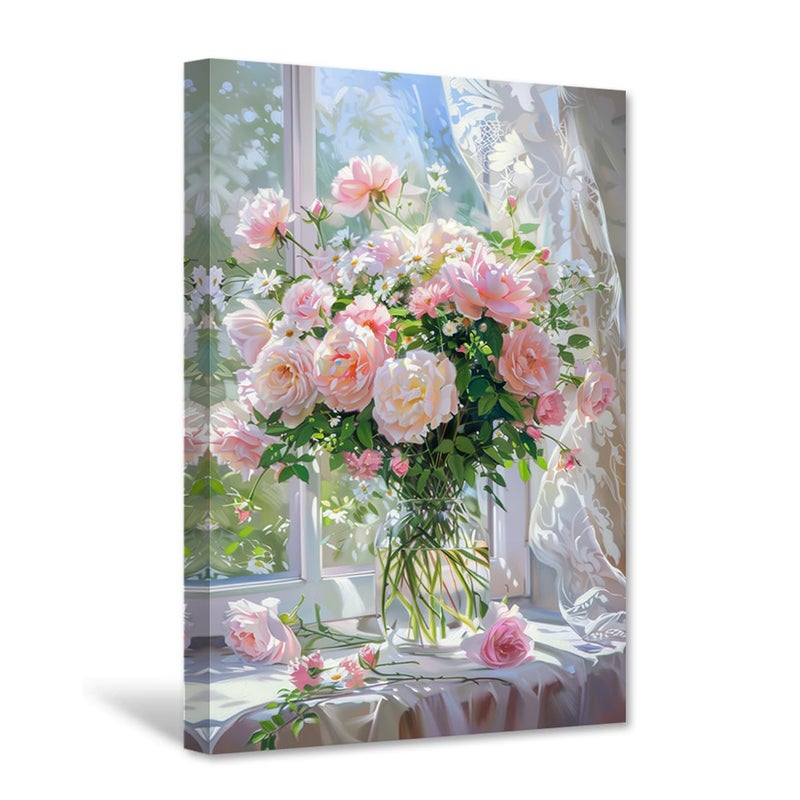 CXHOSTENT Rose Canvas Wall Art Vintage Flower Pictures Pink Floral Painting Print Retro Botanical Prints Rustic Country Bedroom Office Decor Framed (12.00" x 18.00") - Image 1