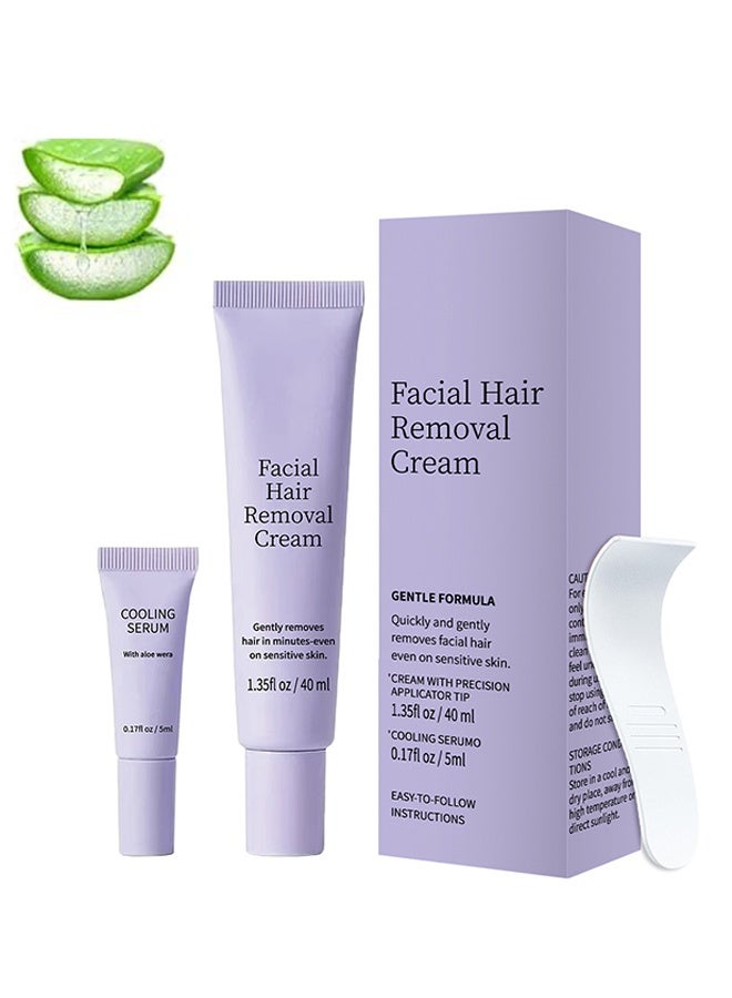 BARUBT Facial Hair Removal Cream Kit – Gentle No-Odor Hair Removal Cream for Sensitive Skin, Also for Upper Lip, Chin, Bikini Line & Underarm, Aloe Infused, 40ml+5ml (1ps) - Image 1