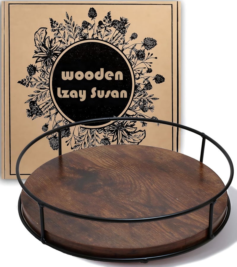9 Inch Lazy Susan Turntable for Table Kitchen Rustic Brown Turntable Organizer with Steel Frame 360 Degree Decorative Lazy Susan for Countertop Cabinet or Centerpieces