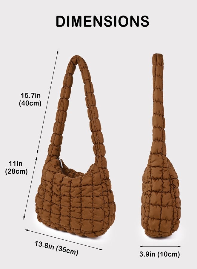 Rejolly Puffer Shoulder Bag for Women Quilted Puffy Lightweight Nylon Handbag Large Padded Soft Purse, Brown - Image 4