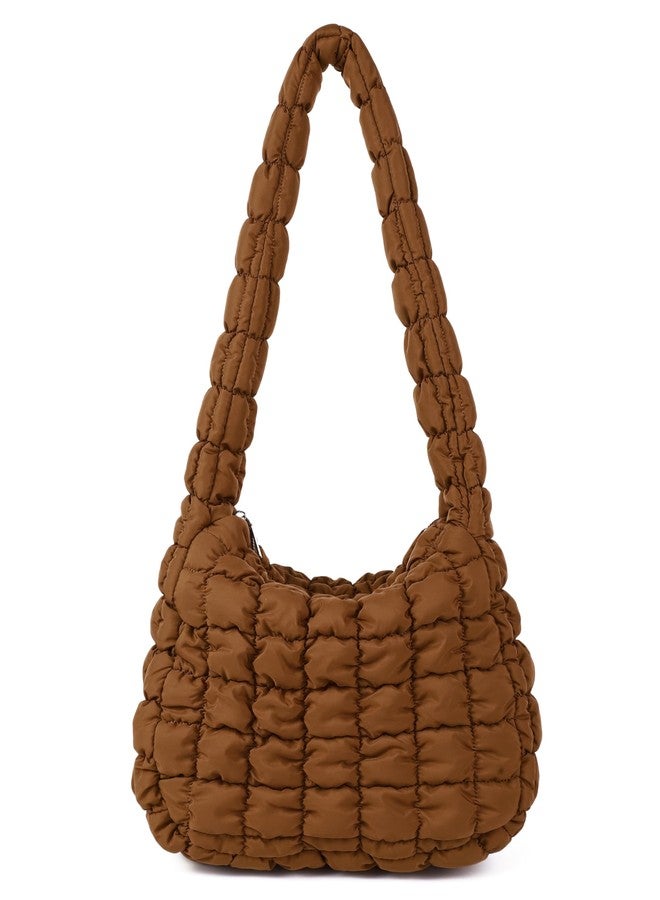 Rejolly Puffer Shoulder Bag for Women Quilted Puffy Lightweight Nylon Handbag Large Padded Soft Purse, Brown - Image 1