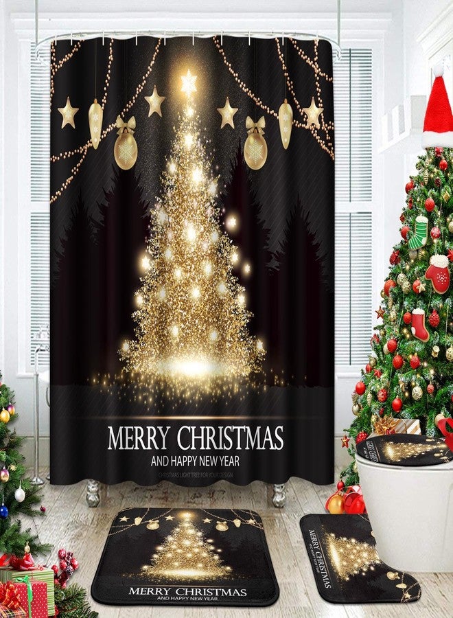 ArtSocket Black Gold Christmas Tree Bathroom Set Shower Curtain Set with Non-Slip Rug, Toilet Lid Cover, Bath Mat and 12 Hooks 72x72 inches Bathroom Decor 4 Pcs - Image 1