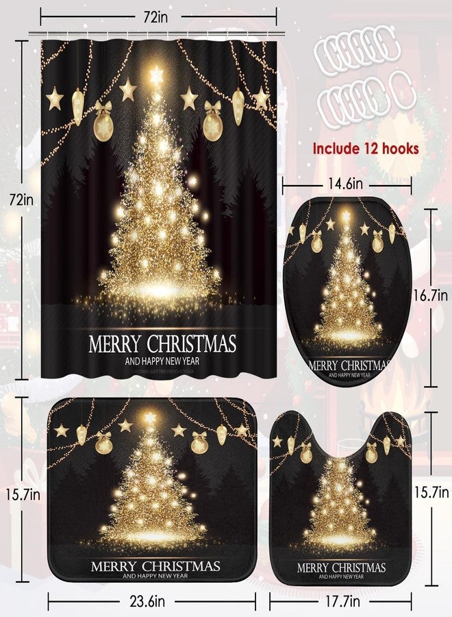 ArtSocket Black Gold Christmas Tree Bathroom Set Shower Curtain Set with Non-Slip Rug, Toilet Lid Cover, Bath Mat and 12 Hooks 72x72 inches Bathroom Decor 4 Pcs - Image 2