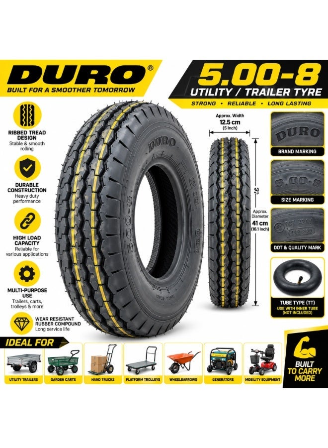 Duro 5.00-8 Utility Trailer Tyre, Tube Type (TT), Ribbed Tread, 8 Inch Rim, 5.00-8 Trailer Tire for Carts, Trolleys & Utility Equipment - Image 1