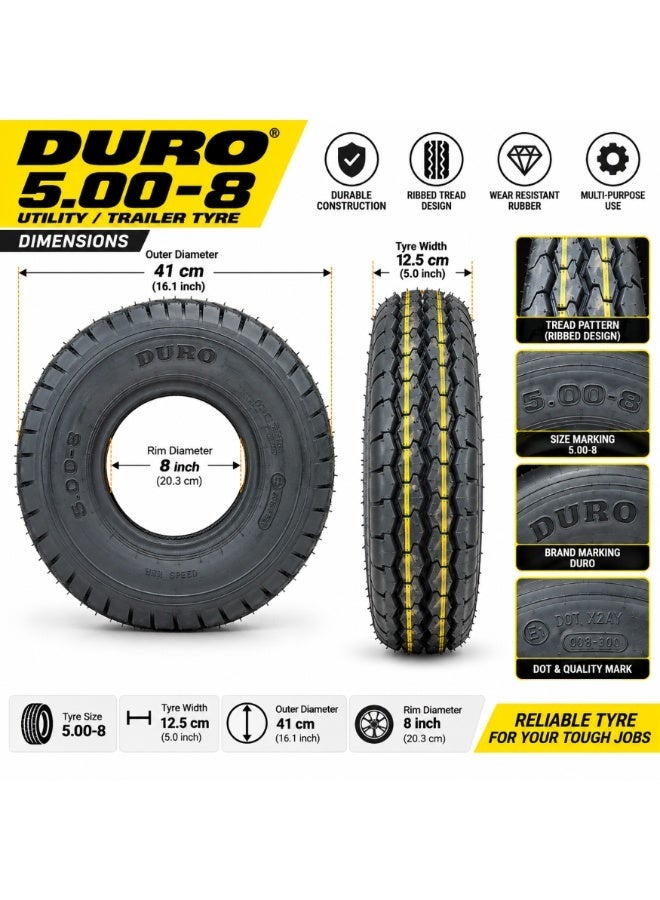 Duro 5.00-8 Utility Trailer Tyre, Tube Type (TT), Ribbed Tread, 8 Inch Rim, 5.00-8 Trailer Tire for Carts, Trolleys & Utility Equipment - Image 2