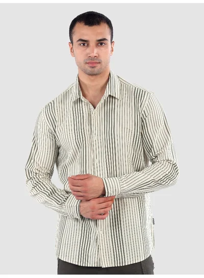 Beyoung Olive Cotton Stripe Shirt