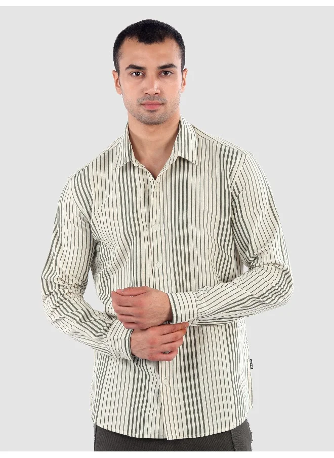 Beyoung Olive Cotton Stripe Shirt