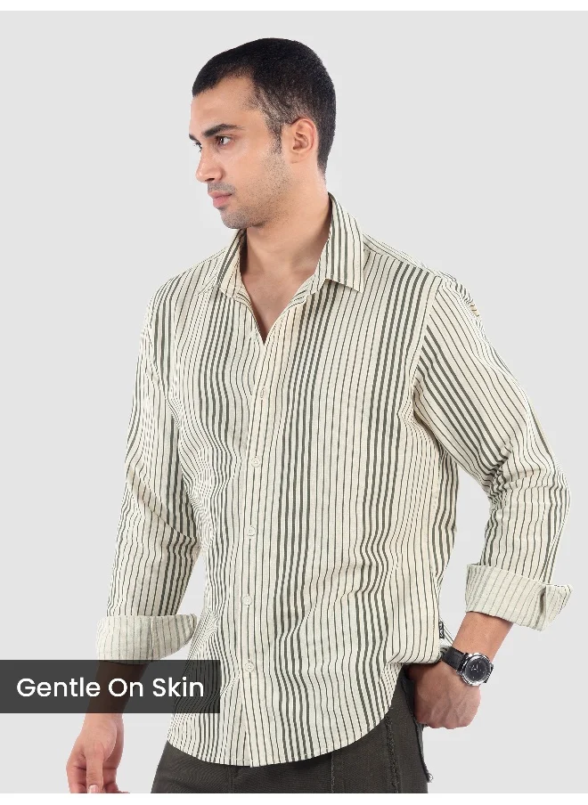 Beyoung Olive Cotton Stripe Shirt