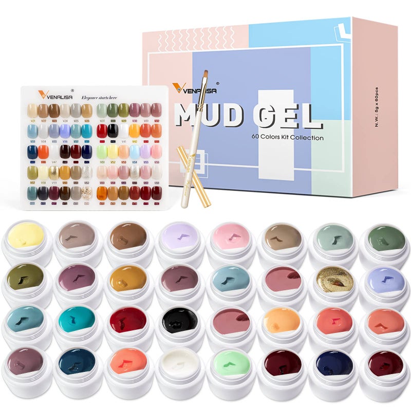 V VENALISA VENALISA 60 Colors Mud Gel Paint Nail Kit with Color Card Painting Drawing Nail BrushGel Nail Polish for Nails Art Whole Set Starter Manicure Nail Art Design Salon DIY at Home