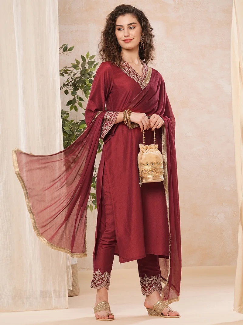 globus Women Embroidered Kurta & Trousers With Fringed Chiffon Dupatta