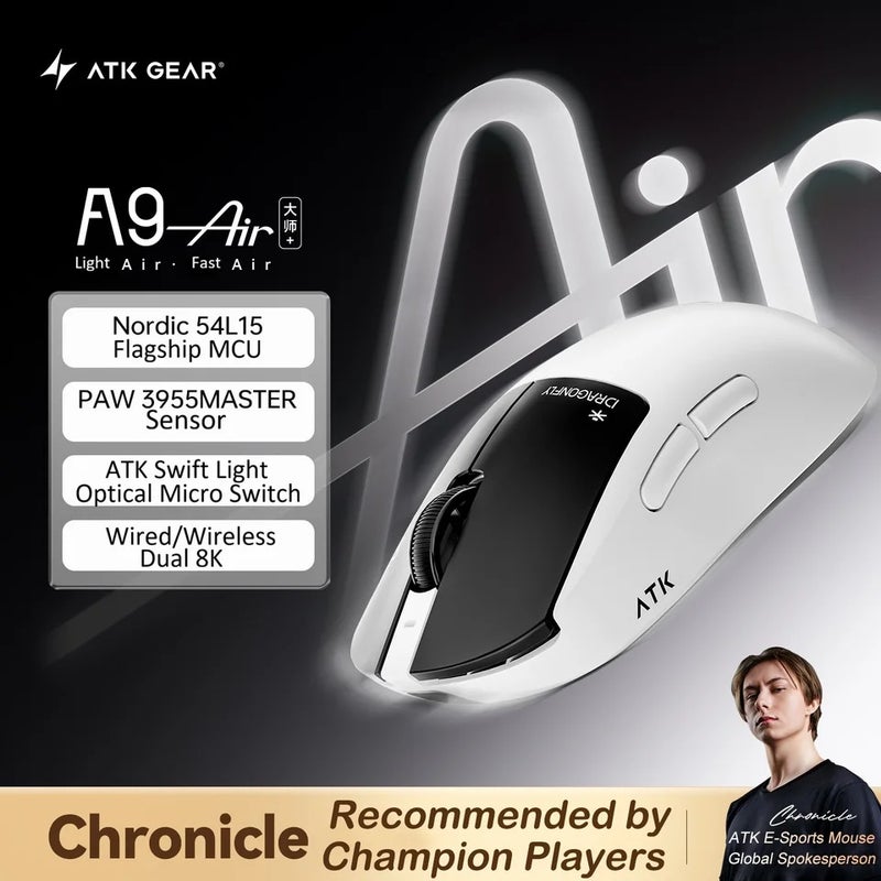 ATK A9 Air Ultimate Wireless Gaming Mouse 39g Dual Mode PAW3955 Master Lightweight Dual 8K for Fps, Esports - Image 2