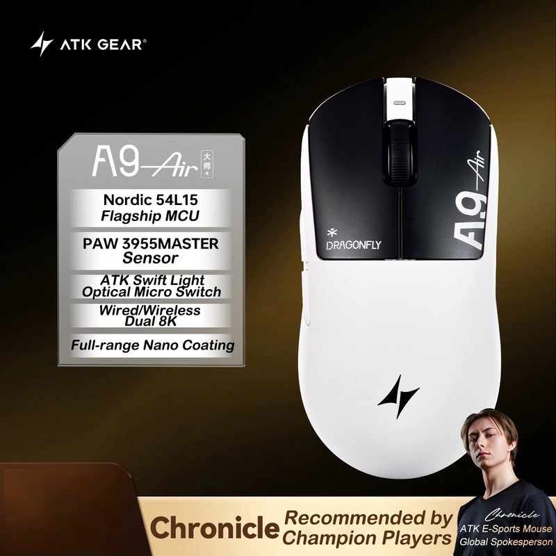 ATK A9 Air Ultimate Wireless Gaming Mouse 39g Dual Mode PAW3955 Master Lightweight Dual 8K for Fps, Esports - Image 1