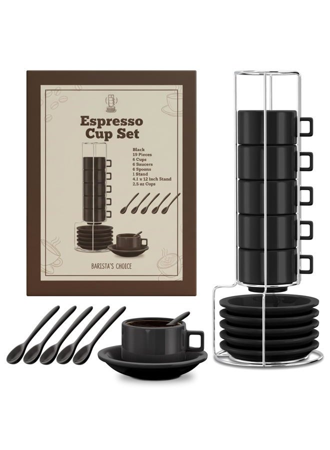 Houseables Espresso Cup Set, Espresso Cups Stackable, Expresso, Demitasse, with Saucers, Stand, Spoons, Coffee Mugs, Juego De Tazas Para Cafe, Porcelain, Stacking, 19 Pieces, Set of 6, 2.5 oz, Black - Image 1