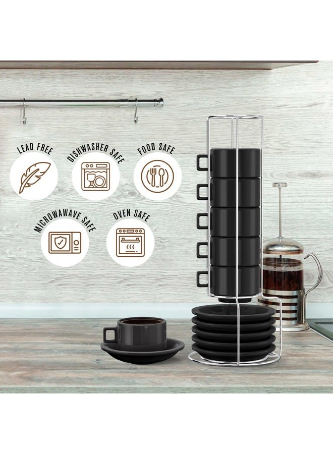 Houseables Espresso Cup Set, Espresso Cups Stackable, Expresso, Demitasse, with Saucers, Stand, Spoons, Coffee Mugs, Juego De Tazas Para Cafe, Porcelain, Stacking, 19 Pieces, Set of 6, 2.5 oz, Black - Image 2