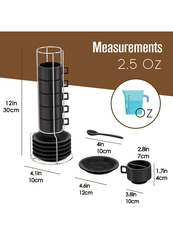 Houseables Espresso Cup Set, Espresso Cups Stackable, Expresso, Demitasse, with Saucers, Stand, Spoons, Coffee Mugs, Juego De Tazas Para Cafe, Porcelain, Stacking, 19 Pieces, Set of 6, 2.5 oz, Black - Image 3
