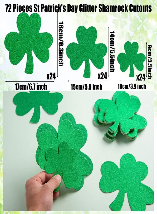 FOBSME 72 Pcs Glitter St. Patrick's Day Shamrock Cutouts Glitter Paper Shamrocks Cutouts Green Irish Clover Shape Die Cuts with Glue Dots for St. Patrick's Day Party School Classroom Decor Supplies,3 Sizes - Image 2