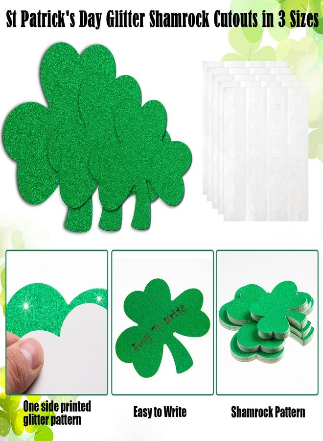FOBSME 72 Pcs Glitter St. Patrick's Day Shamrock Cutouts Glitter Paper Shamrocks Cutouts Green Irish Clover Shape Die Cuts with Glue Dots for St. Patrick's Day Party School Classroom Decor Supplies,3 Sizes - Image 3