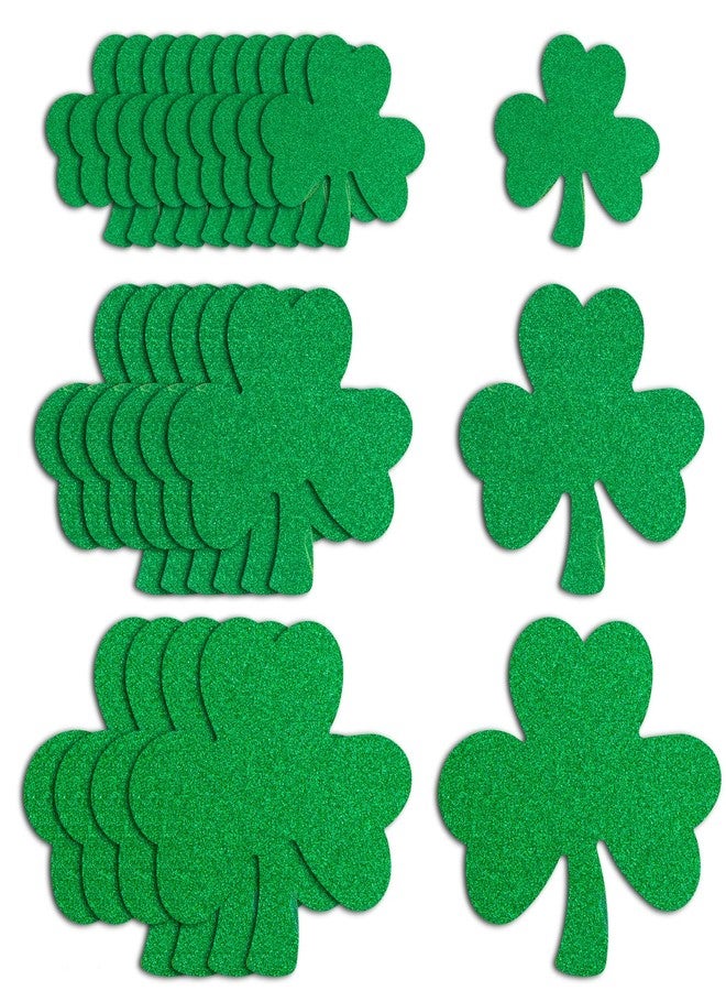 FOBSME 72 Pcs Glitter St. Patrick's Day Shamrock Cutouts Glitter Paper Shamrocks Cutouts Green Irish Clover Shape Die Cuts with Glue Dots for St. Patrick's Day Party School Classroom Decor Supplies,3 Sizes - Image 1