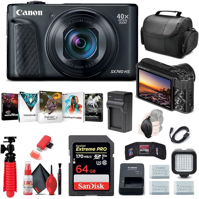 Canon PowerShot SX740 HS Digital Camera with Camera Bag (Black) Bundle | For Photography & Video + LED Light + 64GB Memory Card + Card Reader + Charger + Battery (2955C001) + More - Image 1