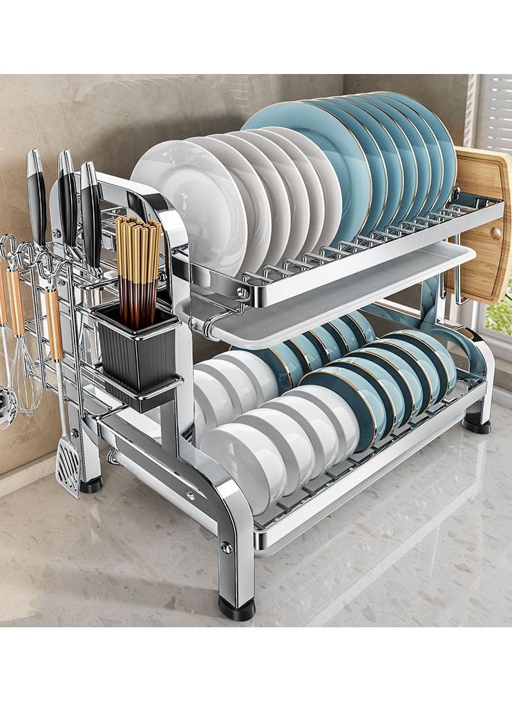 CityRiya-Long Dish Drying Rack,  Stainless Steel Dish Rack for Kitchen Counter, 2 Tier Kitchen Dish Drying Rack with Utensil Holder, 43*23.5*59.8cm Kitchen Organizers and Storage Rack, Large Capacity Dish Drainer  - Image 1