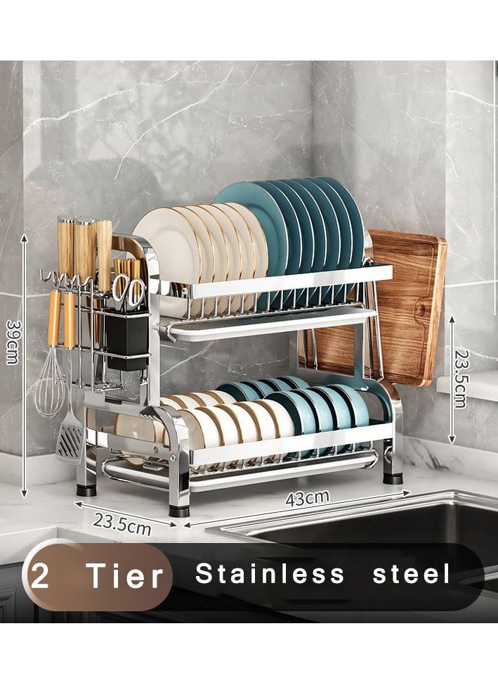 CityRiya-Long Dish Drying Rack,  Stainless Steel Dish Rack for Kitchen Counter, 2 Tier Kitchen Dish Drying Rack with Utensil Holder, 43*23.5*59.8cm Kitchen Organizers and Storage Rack, Large Capacity Dish Drainer  - Image 2