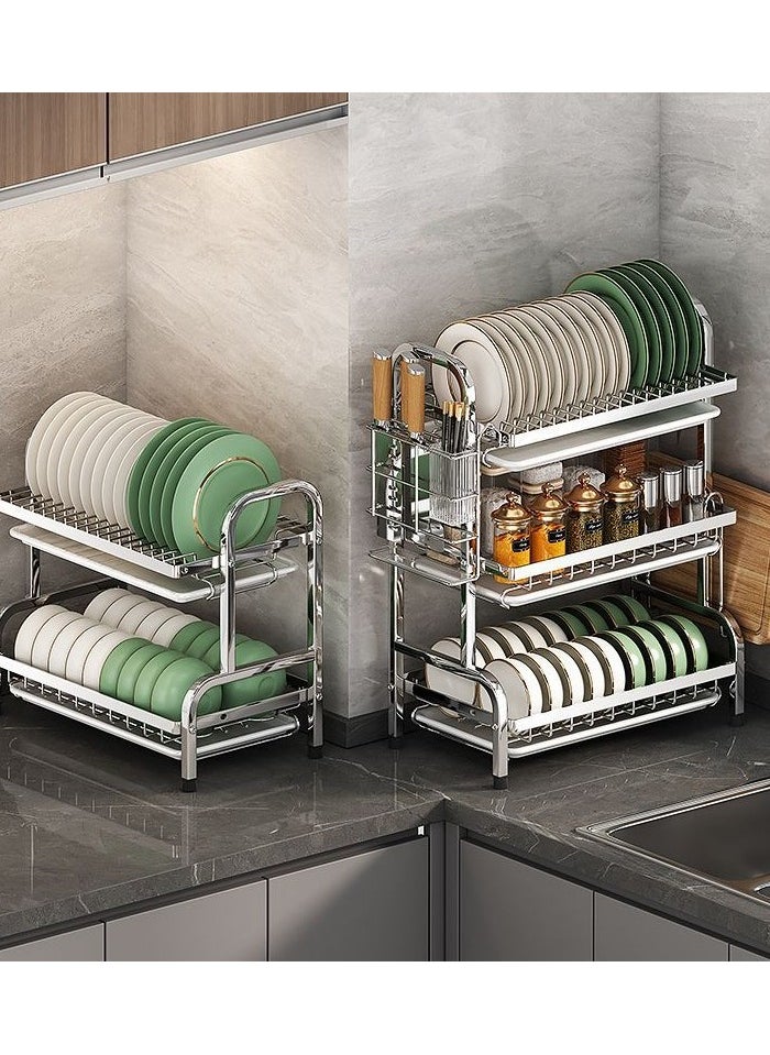 CityRiya-Long Dish Drying Rack,  Stainless Steel Dish Rack for Kitchen Counter, 2 Tier Kitchen Dish Drying Rack with Utensil Holder, 43*23.5*59.8cm Kitchen Organizers and Storage Rack, Large Capacity Dish Drainer  - Image 3