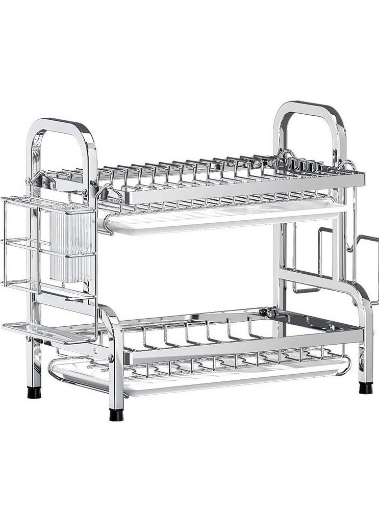 CityRiya-Long Dish Drying Rack,  Stainless Steel Dish Rack for Kitchen Counter, 2 Tier Kitchen Dish Drying Rack with Utensil Holder, 43*23.5*59.8cm Kitchen Organizers and Storage Rack, Large Capacity Dish Drainer  - Image 5