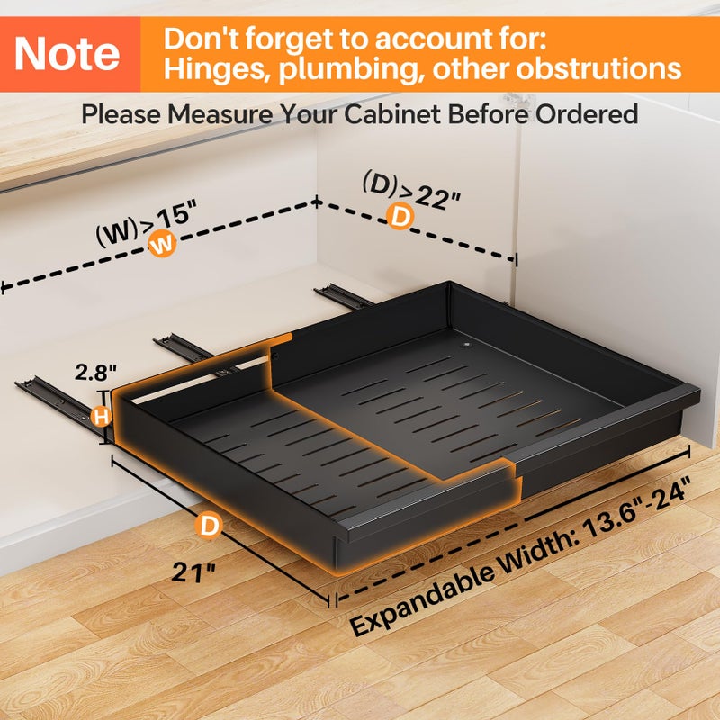 PXRACK Pull out Cabinet Organizer, 2-Pack Expandable(13.6"-24") Silde out Drawers with Raising Pad for Framed Cabinets, Adjustable Full-Extension Adhesive Roll out Shelves for Kitchen Pantry Home Pot and Pan - Image 3