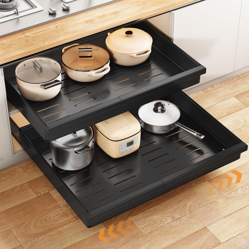 PXRACK Pull out Cabinet Organizer, 2-Pack Expandable(13.6"-24") Silde out Drawers with Raising Pad for Framed Cabinets, Adjustable Full-Extension Adhesive Roll out Shelves for Kitchen Pantry Home Pot and Pan - Image 1