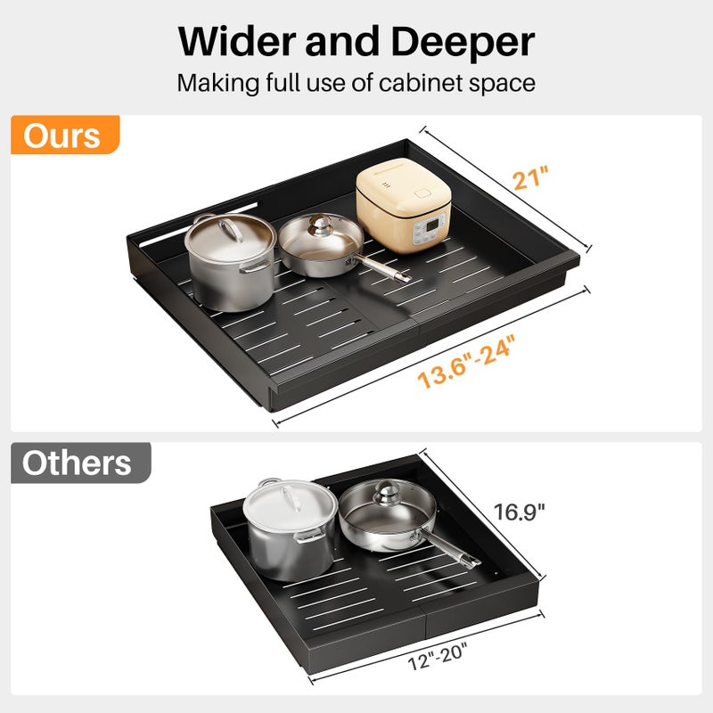 PXRACK Pull out Cabinet Organizer, 2-Pack Expandable(13.6"-24") Silde out Drawers with Raising Pad for Framed Cabinets, Adjustable Full-Extension Adhesive Roll out Shelves for Kitchen Pantry Home Pot and Pan - Image 2