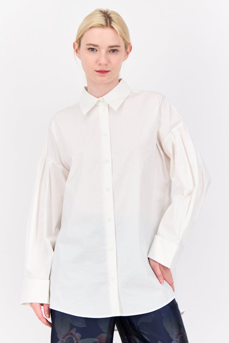 ESPRIT قميص نسائي بأكمام طويلة وقصة فضفاضة مع ياقة مدببة، أبيض فاتح - Image 1