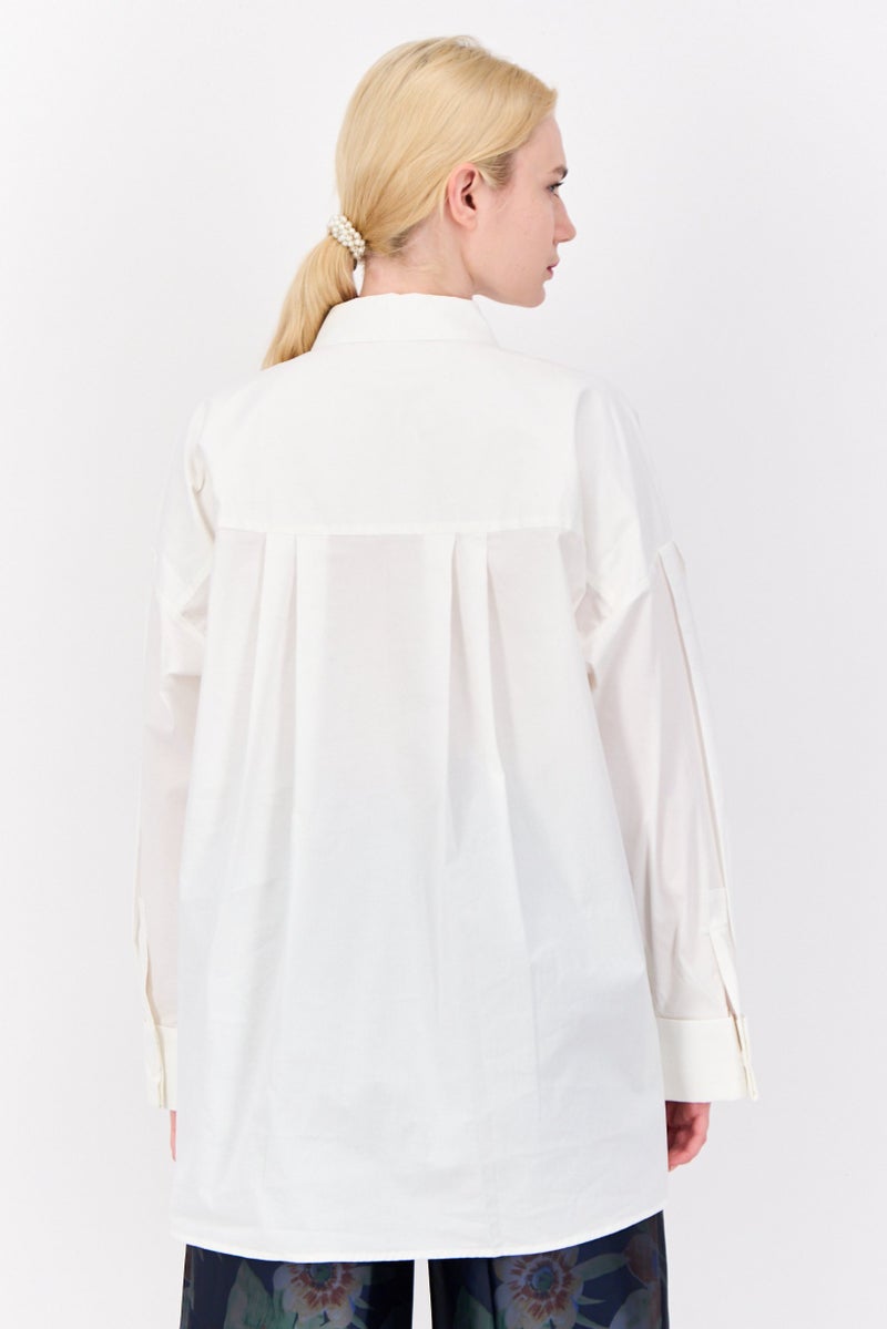 ESPRIT قميص نسائي بأكمام طويلة وقصة فضفاضة مع ياقة مدببة، أبيض فاتح - Image 3