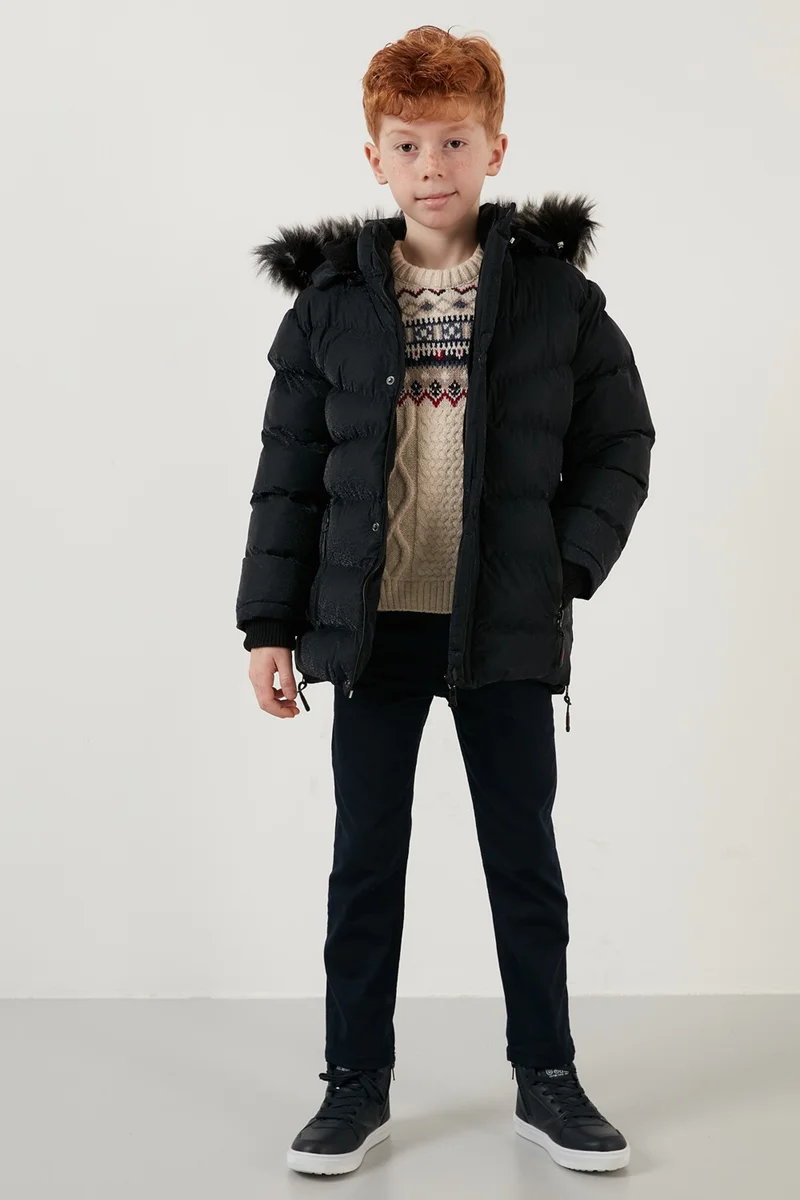 Lela Plush Lined Faux Fur Collar Removable Hooded Winter Coat Boys' Coat 5761906
