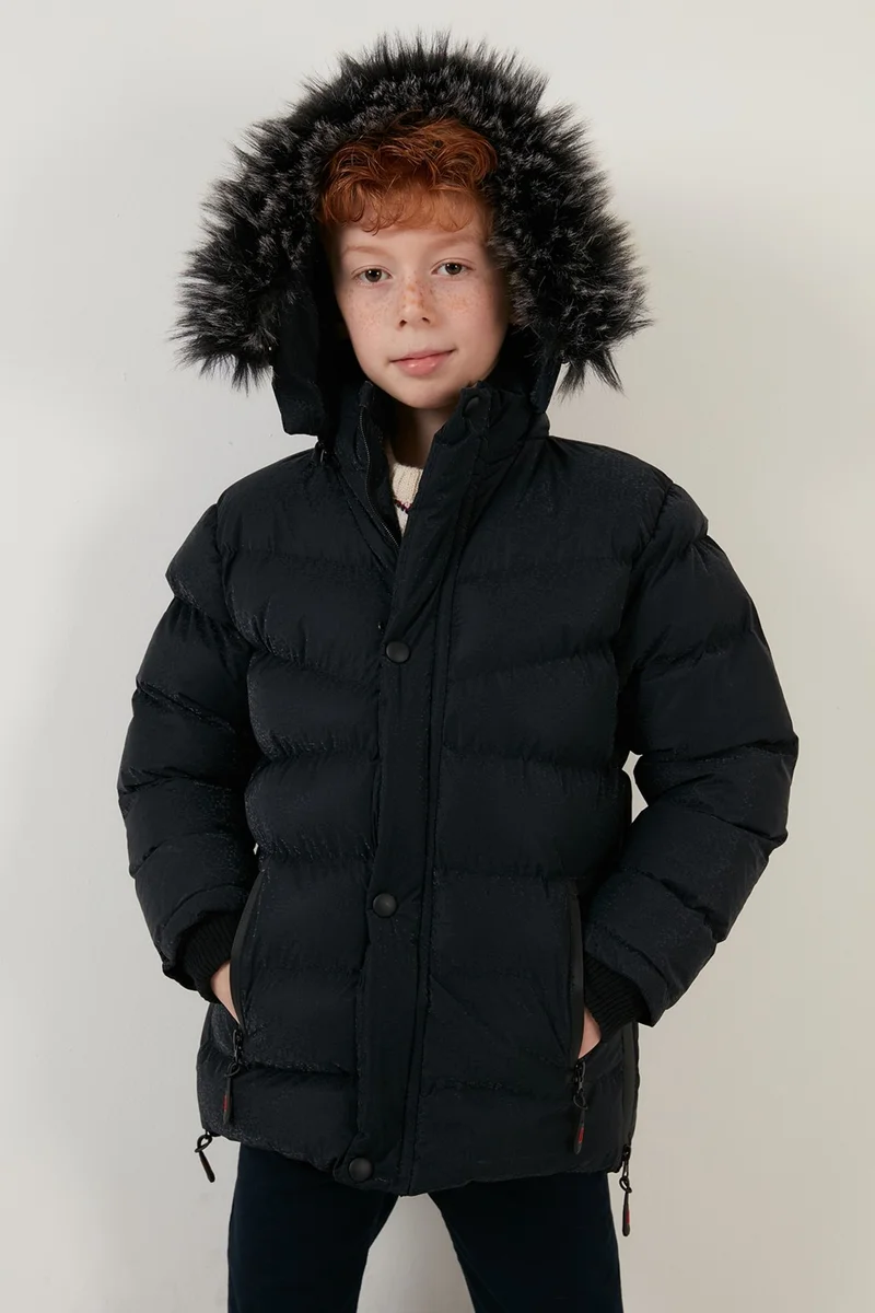 Lela Plush Lined Faux Fur Collar Removable Hooded Winter Coat Boys' Coat 5761906