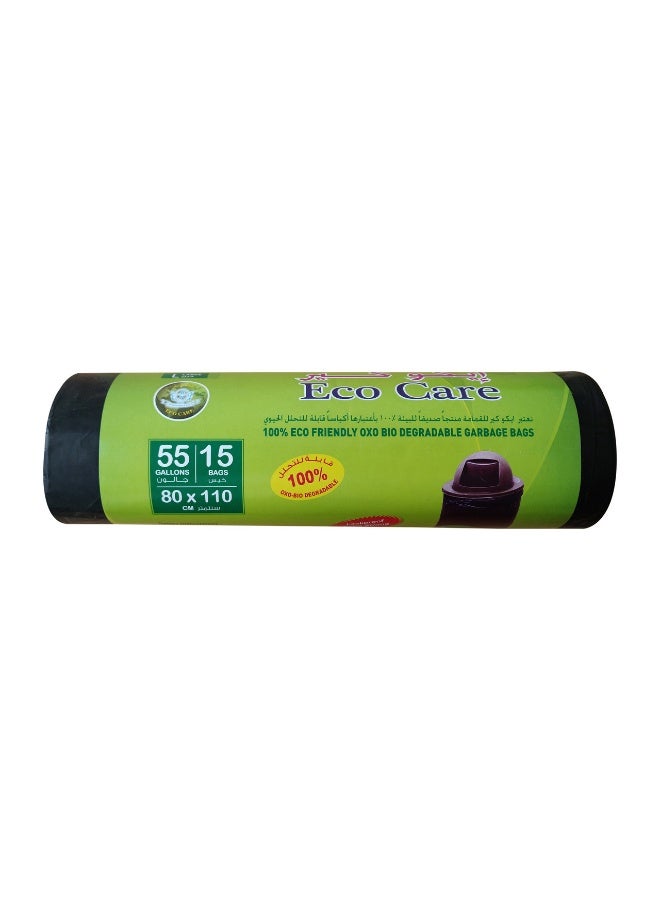 Eco Care Black Garbage Bag Roll - 15 Count, 55 Gallons, 80X110 Cm