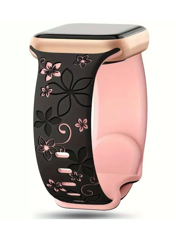 دكينج حزام زهور متوافق مع ساعة آبل ووتش سلسلة 11 10 42mm/44mm/45mm/49mm حزام آي ووتش لطيف للنساء مزود برسومات زهور لسلسلة آي ووتش SE/ألترا 10 9 8 7 6 5 4 3 2 1 باللون الأسود/الأحمر - Image 1