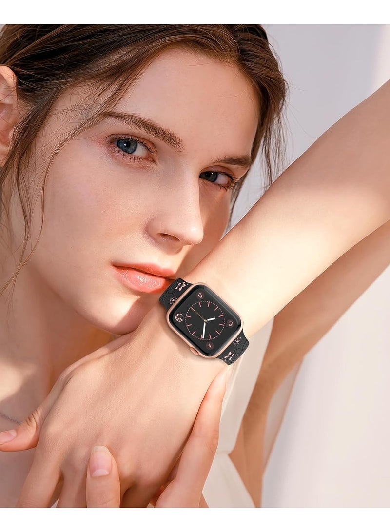 دكينج حزام زهور متوافق مع ساعة آبل ووتش سلسلة 11 10 42mm/44mm/45mm/49mm حزام آي ووتش لطيف للنساء مزود برسومات زهور لسلسلة آي ووتش SE/ألترا 10 9 8 7 6 5 4 3 2 1 باللون الأسود/الأحمر - Image 4