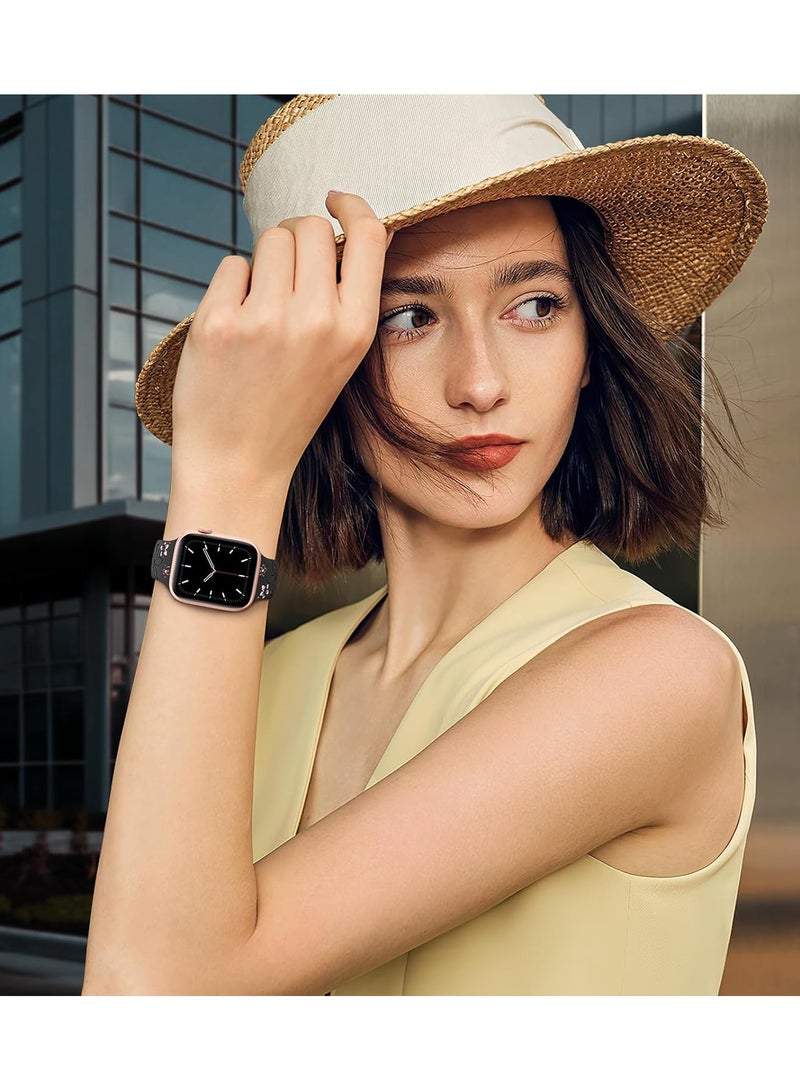 دكينج حزام زهور متوافق مع ساعة آبل ووتش سلسلة 11 10 42mm/44mm/45mm/49mm حزام آي ووتش لطيف للنساء مزود برسومات زهور لسلسلة آي ووتش SE/ألترا 10 9 8 7 6 5 4 3 2 1 باللون الأسود/الأحمر - Image 5