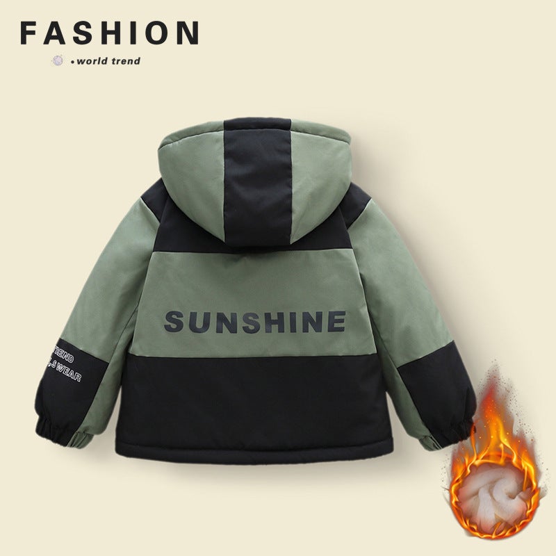 Winter New Girls Coat fleece-lined 2024 Boys Hooded Foreign Style Military Coat Cotton-padded Coat Childrens Coat Thickened Army green (sunshine model)