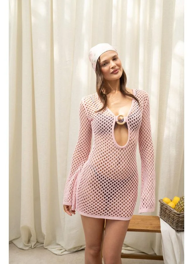 Bohemai  Sanur Pink Mini Dress with Wooden Ring Detail. for Women | Best Price UAE