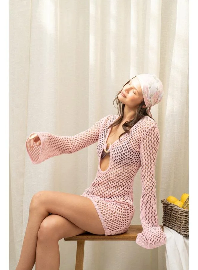 Sanur Pink Mini Dress with Wooden Ring Detail.