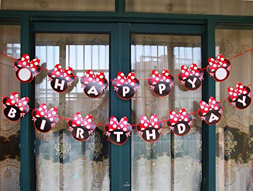 CHuangQi Minnie Themed Party Banner, Happy Birthday Letter Banner, Red Bow with Polka Dots Card, 1st Birthday Party Supplies & Decoration - Image 5