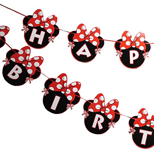 CHuangQi Minnie Themed Party Banner, Happy Birthday Letter Banner, Red Bow with Polka Dots Card, 1st Birthday Party Supplies & Decoration - Image 2